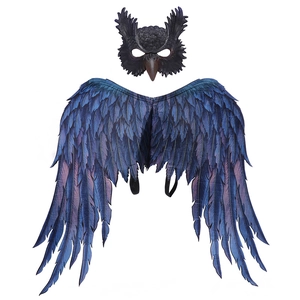 Detail view of owl mask with beak and gradient feather wings with elastic straps
