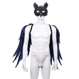 Detail of owl mask and purple feather wings set with realistic textures for cosplay