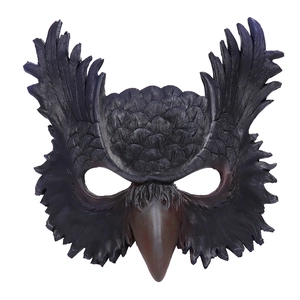 Detailed close-up of dark purple owl mask with realistic feather textures and sharp beak