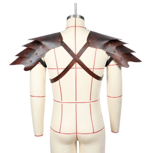 Brown medieval viking leather pauldrons with layered scale armor design for cosplay costume