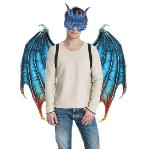 Blue and red dragon costume set with 3D scale mask and large wings for cosplay party
