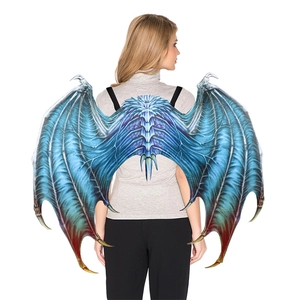 Ice blue dragon wings costume prop with skeletal patterns and black straps for cosplay