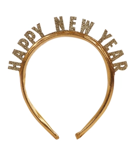 Detailaufnahme des goldenen Happy New Year Haarreifs mit Glitzerbuchstaben für Silvester