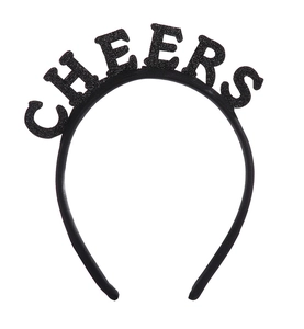 Detailansicht der schwarzen Glitzer-Oberfläche und Cheers-Schriftzug auf dem Party-Stirnband