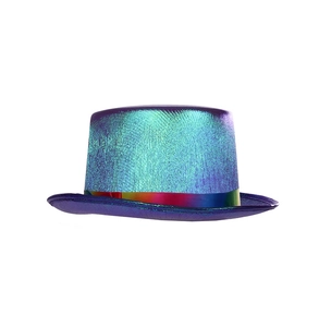 Detailansicht des irisierenden Karnevalshuts in Lila und Blau mit Regenbogen-Zierband