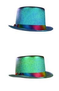Detailansicht von metallischen Zylindern mit bunten Regenbogenbändern für Karnevalsoutfits