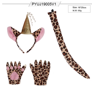 Panoplie léopard avec bandeau chapeau de fête, queue en peluche et gants pattes de chat