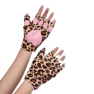 Gants de patte de chat en peluche léopard avec coussinets cœur roses et griffes dorées