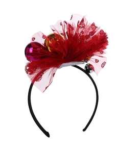 Detail of Christmas headband with red polka dot mesh and colorful metallic ornaments
