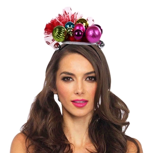 Christmas headband with colorful mini baubles and red mesh for holiday party decor