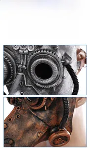 Detailsicht der Steampunk-Pestarzt-Maske mit Zahnrädern und Nieten für Halloween