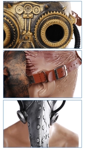 Detailansicht der Steampunk Pestarztmaske mit Zahnradbrille und Nietenverzierung