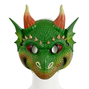 Realistic green dragon mask for kids with orange horns and detailed scales for Halloween