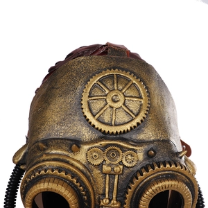 Steampunk Pestdoktor Maske mit Bronzezahnrädern und schwarzen Rohren auf Weiß