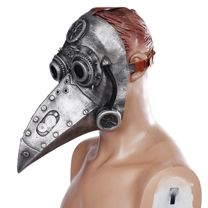Steampunk plague doctor mask with silver metallic finish and leather straps in a 45-degree view