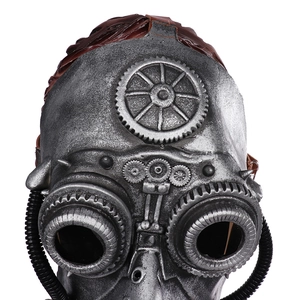 Front detail of steampunk plague doctor mask with gear accents and goggles on white background