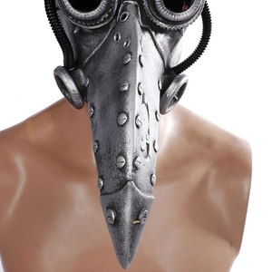 Detail view of steampunk plague doctor mask with metallic finish and rivet accents
