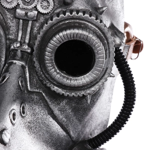 Detail view of steampunk plague doctor mask with silver coating and metallic gears