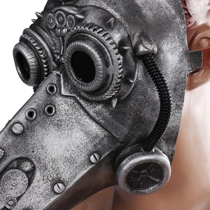 Close-up of steampunk plague doctor mask with metallic gears and industrial rivets