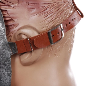 Detail of brown leather adjustable head strap with metal buckle for steampunk mask