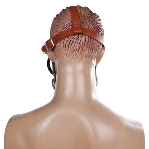 Adjustable brown leather head strap with silver metal buckles for plague doctor mask