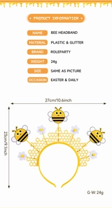 Détail du serre-tête abeille jaune avec ruche, marguerites et dimensions précises