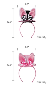 Detailed dimensions of Easter bunny ear headbands with checkered bows in 10.2x6.3 inches
