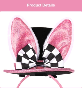 Detail view of pink glitter bunny ears headband with mini top hat and bow for Easter parties