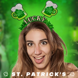 Cerchietto San Patrizio verde con quadrifoglio, boccale di birra e scritta Lucky