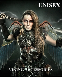 Macro detail of Viking fantasy armor with horn decor and multicolor feather wings