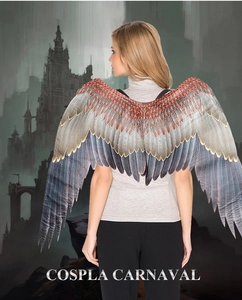 Detailed back view of grey and brown feather patterned wings for carnival costumes