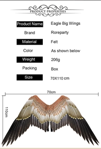 Detailed dimensions of brown felt eagle wings showing 70x110cm size and 206g weight