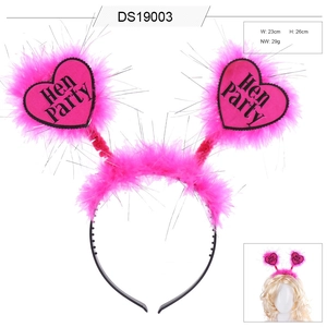 Pink Hen Party headband with feathers and heart decor, dimensions 23cm by 26cm