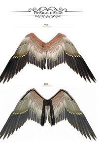 Front and back detail of realistic feathered angel wings with elastic straps for parties