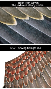 Detail of feathered wings showing straight line sewing and non-woven fabric back texture