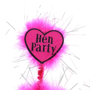 Pink heart-shaped Hen Party headband with fluffy feathers and black tassels on white base