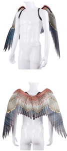 Detailed view of Mardi Gras angel wings with colorful feather print and elastic straps