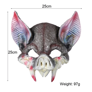 Detailed view of scary pig-bat Halloween mask showing blood effects and dimensions