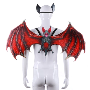 Detail of red and black bat wings costume set with realistic skeleton texture and headband