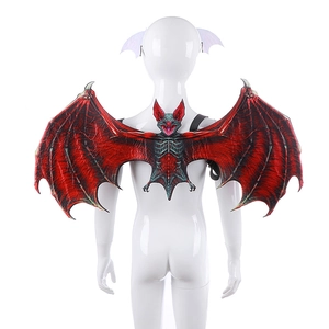 Detailed view of red Halloween bat wings with black bone structure and elastic shoulder straps
