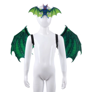 Halloween bat costume set with blue mask and green wings on a white mannequin