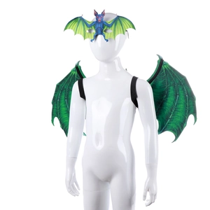 Detailed view of green bat wings and mask set for kids Halloween costume