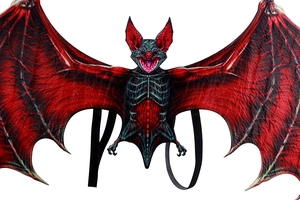 Close-up of red and black vampire bat wings with realistic skin textures for Halloween