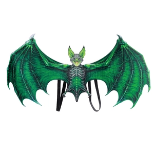 Detail of green and black vampire bat wings with skeleton rib texture and elastic straps