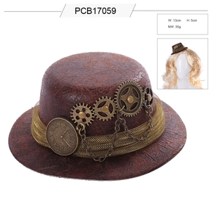 Steampunk mini top hat with vintage metal gears, chains, and clock dial accessory