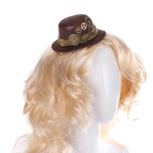 Detail view of steampunk mini top hat with bronze gears, chain and vintage watch dial decoration