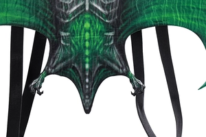 Close-up of green dragon wings with white spine print and sharp black claws detail