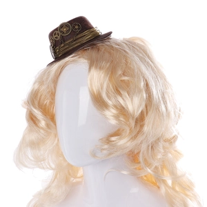 Steampunk mini top hat with gears and chains on brown felt for festive party hair decor