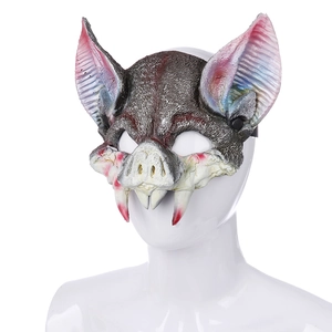 Detailed view of scary bat mask featuring realistic fur textures and blood-stained fangs