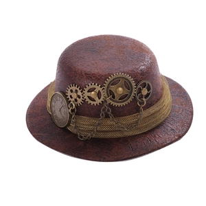 Steampunk mini top hat in brown leather texture with gears and clockwork details